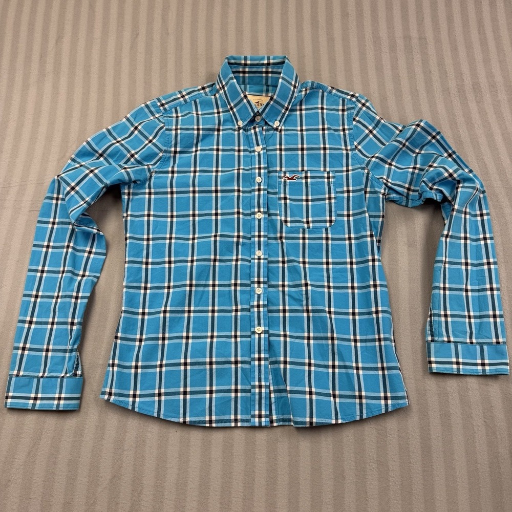 Y2K Hollister Button Down Shirt Men M Blue‎ Gingham Check Logo Preppy Oxford
